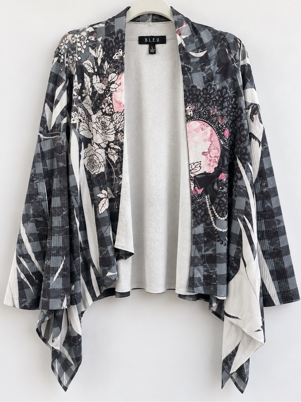 B.L.E.U. Mixed Print Asymmetrical Cardigan Jacket Gray Pink Size Large